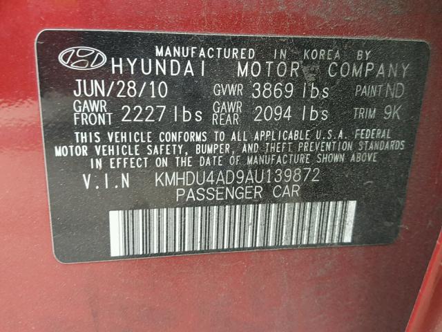 KMHDU4AD9AU139872 - 2010 HYUNDAI ELANTRA BL BURGUNDY photo 10