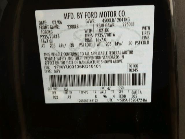 1FMYU03136KD10101 - 2006 FORD ESCAPE XLT BLACK photo 10