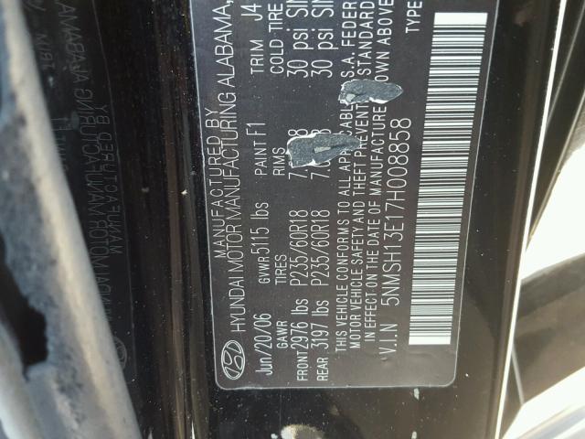 5NMSH13E17H008858 - 2007 HYUNDAI SANTA FE S BLACK photo 10