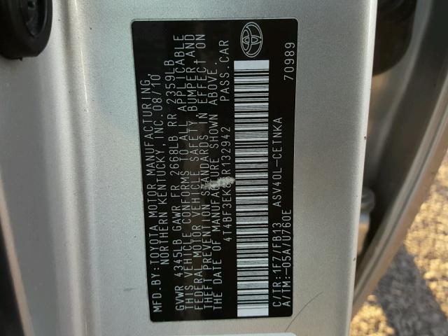 4T4BF3EK8BR132942 - 2011 TOYOTA CAMRY BASE SILVER photo 10