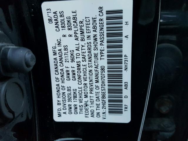 2HGFB6E57DH707580 - 2013 HONDA CIVIC SI BLACK photo 10