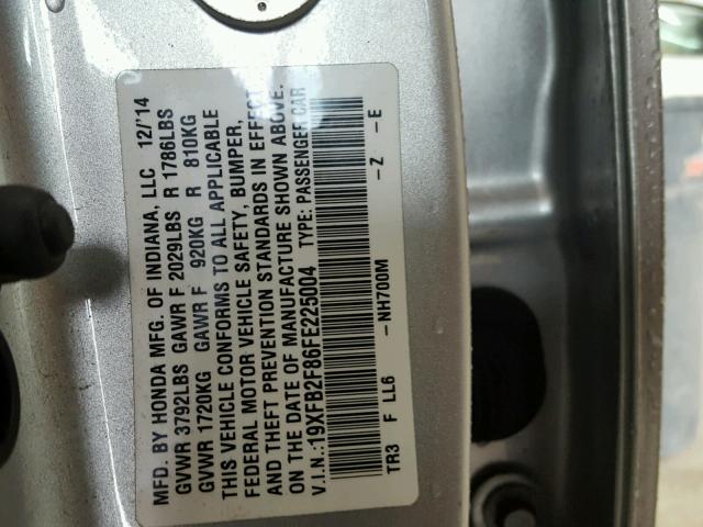 19XFB2F86FE225004 - 2015 HONDA CIVIC EX SILVER photo 10