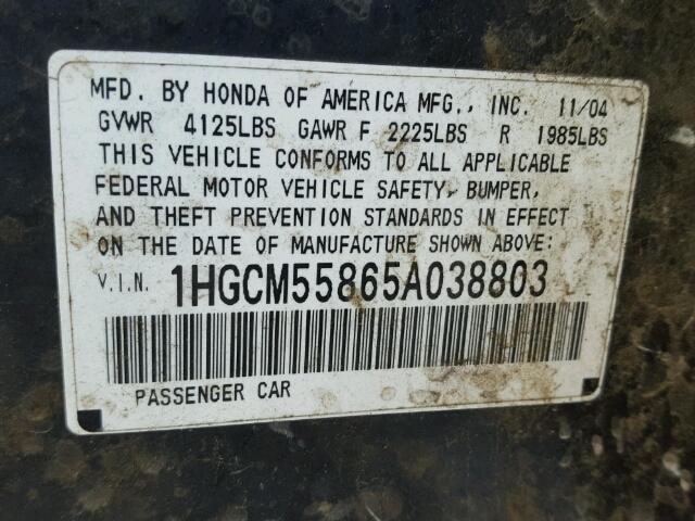 1HGCM55865A038803 - 2005 HONDA ACCORD EX CHARCOAL photo 10