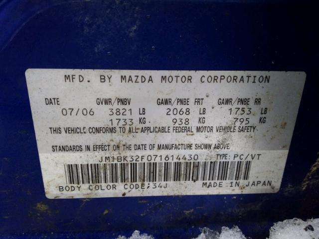 JM1BK32F071614430 - 2007 MAZDA 3 I BLUE photo 9