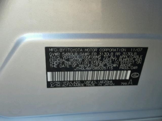 JTHGL46F085025115 - 2008 LEXUS LS 460L SILVER photo 10