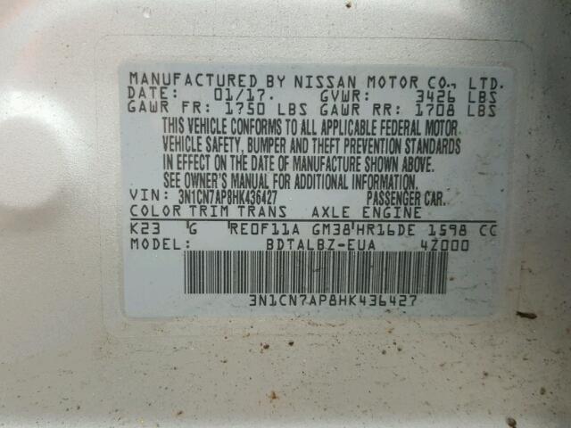 3N1CN7AP8HK436427 - 2017 NISSAN VERSA S SILVER photo 10