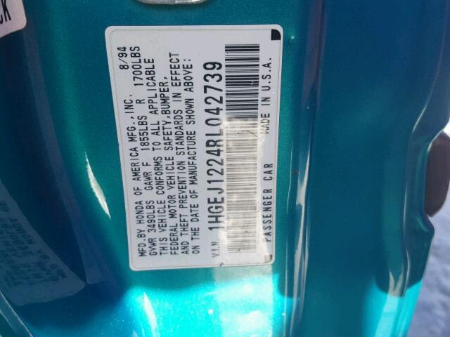 1HGEJ1224RL042739 - 1994 HONDA CIVIC EX 绿色 照片 10