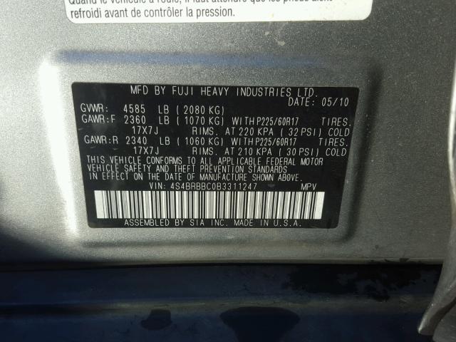 4S4BRBBC0B3311247 - 2011 SUBARU OUTBACK 2. SILVER photo 10