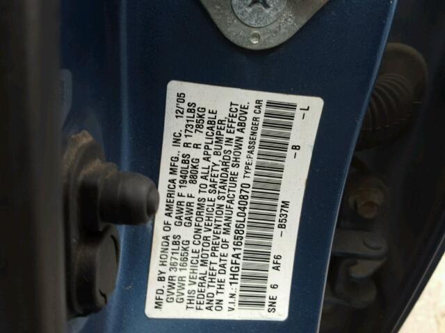 1HGFA16586L040870 - 2006 HONDA CIVIC LX BLUE photo 10