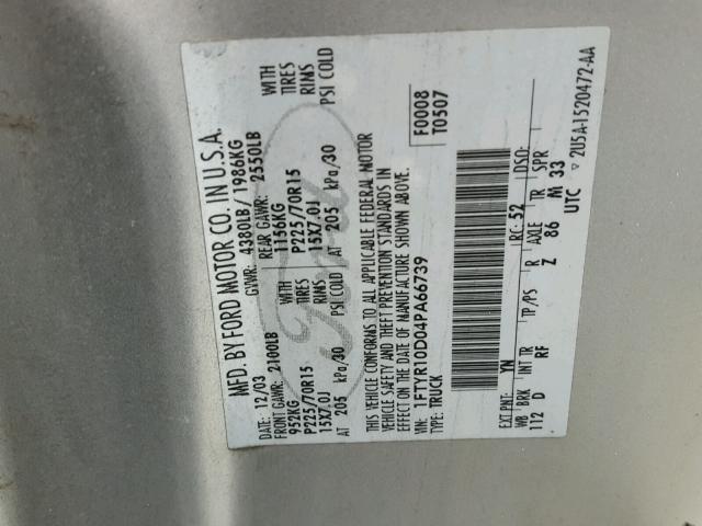 1FTYR10D04PA66739 - 2004 FORD RANGER SILVER photo 10