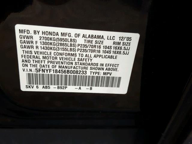 5FNYF18456B008233 - 2006 HONDA PILOT EX BLACK photo 10