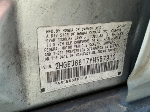 2HGEJ6617YH557910 - 2000 HONDA CIVIC BASE SILVER photo 10