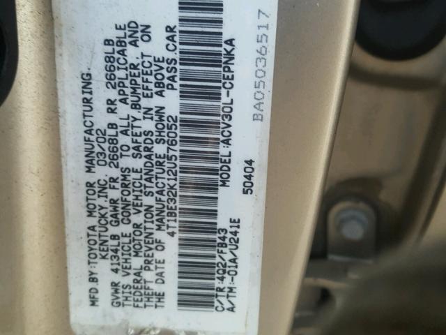 4T1BE32K12U576052 - 2002 TOYOTA CAMRY LE BEIGE photo 10