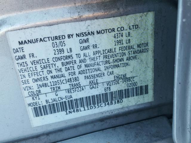 1N4BL11D55C348380 - 2005 NISSAN ALTIMA SE SILVER photo 10