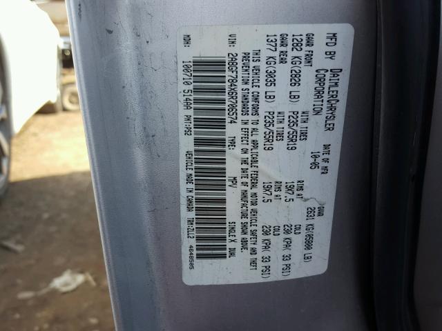 2A8GF784X6R706574 - 2006 CHRYSLER PACIFICA L 银色 照片 10