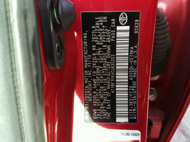 4T1BF1FK4CU635253 - 2012 TOYOTA CAMRY BASE RED photo 10