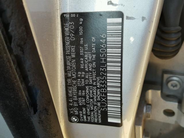 5UXFB33523LH50646 - 2003 BMW X5 4.4I SILVER photo 10