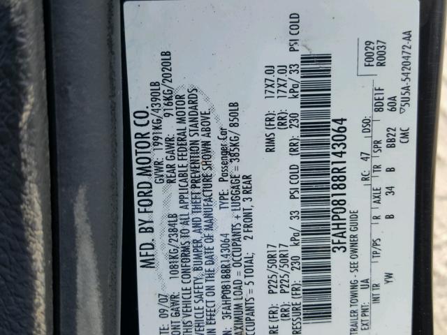 3FAHP08188R143064 - 2008 FORD FUSION SEL BLACK photo 10