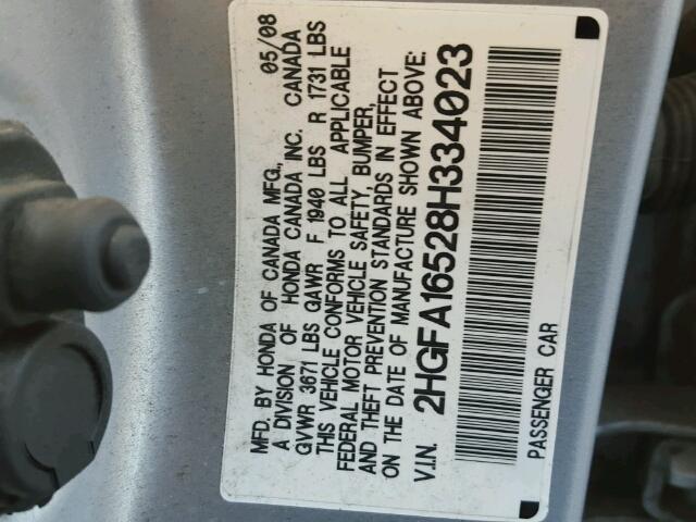 2HGFA16528H334023 - 2008 HONDA CIVIC LX SILVER photo 10