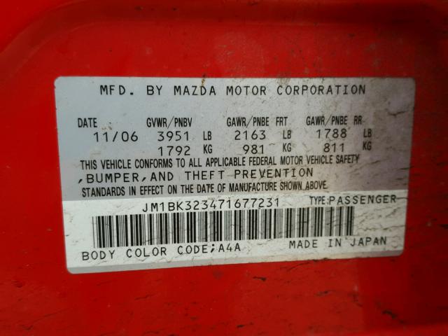 JM1BK323471677231 - 2007 MAZDA 3 S RED photo 10