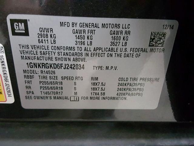 1GNKRGKD6FJ242034 - 2015 CHEVROLET TRAVERSE L CHARCOAL photo 10