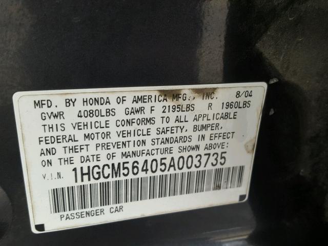 1HGCM56405A003735 - 2005 HONDA ACCORD LX GRAY photo 10