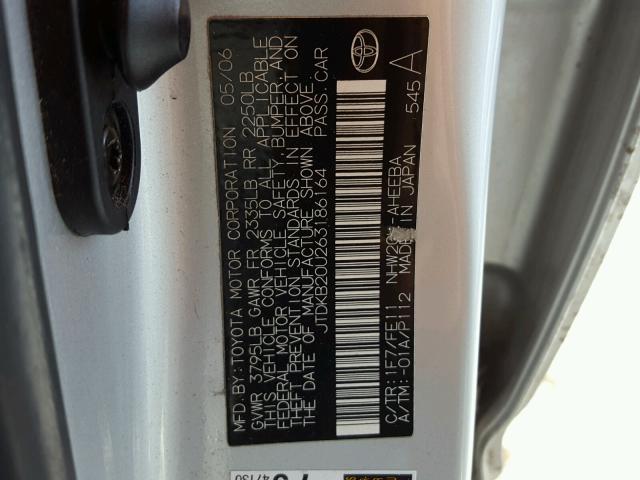 JTDKB20U263186164 - 2006 TOYOTA PRIUS SILVER photo 10