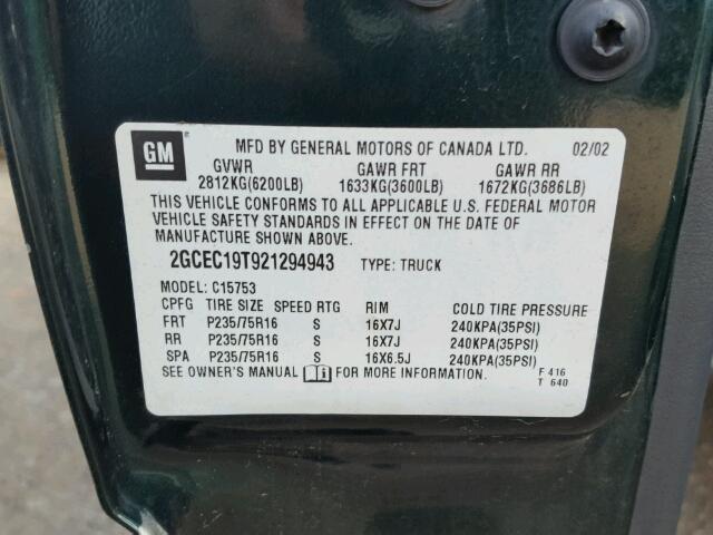 2GCEC19T921294943 - 2002 CHEVROLET SILVERADO GREEN photo 10