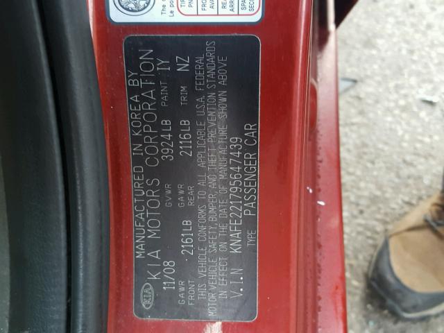 KNAFE221795647439 - 2009 KIA SPECTRA EX RED photo 10