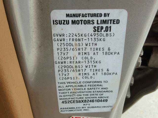 4S2CE58X824610449 - 2002 ISUZU AXIOM XS Qəhvəyi foto 10