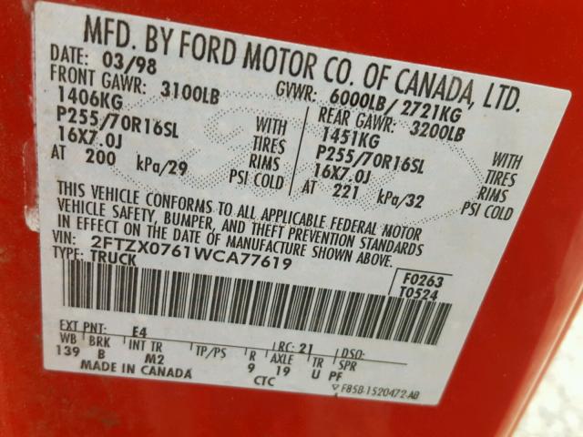 2FTZX0761WCA77619 - 1998 FORD F150 RED photo 10