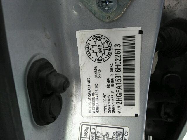 2HGFA15316H022613 - 2006 HONDA CIVIC DX SILVER photo 10