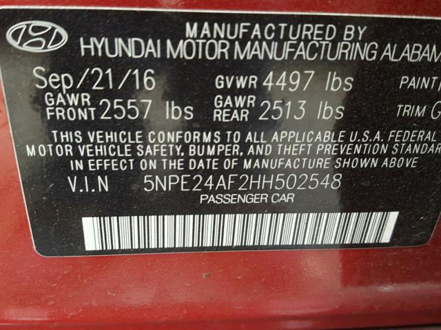 5NPE24AF2HH502548 - 2017 HYUNDAI SONATA SE RED photo 10