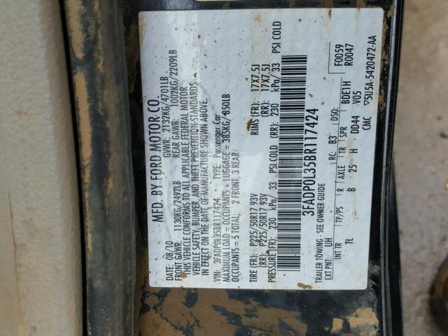 3FADP0L35BR117424 - 2011 FORD FUSION HYB BLACK photo 10