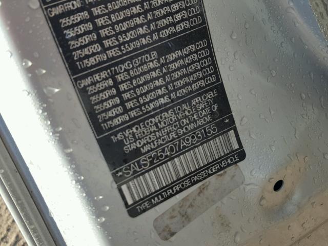 SALSF25407A993155 - 2007 LAND ROVER RANGE ROVE SILVER photo 10