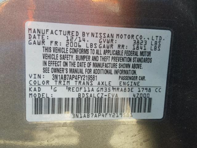 3N1AB7AP4FY219581 - 2015 NISSAN SENTRA S GRAY photo 10