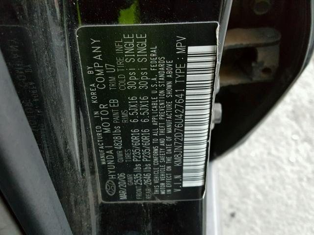 KM8JN72D76U427641 - 2006 HYUNDAI TUCSON GLS BLACK photo 10