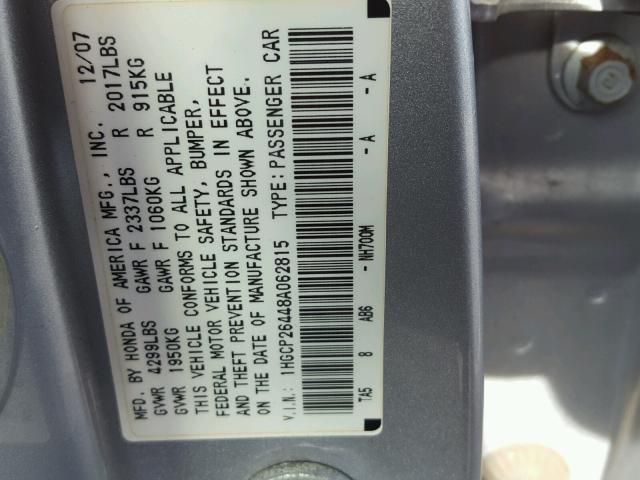 1HGCP26448A062815 - 2008 HONDA ACCORD LXP SILVER photo 10