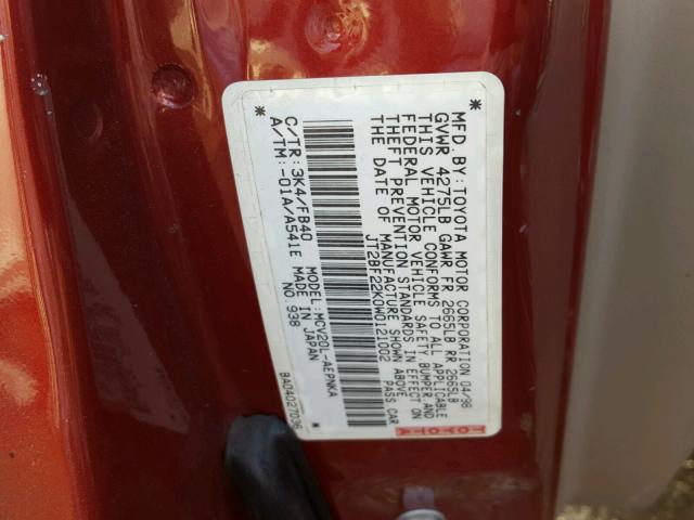 JT2BF22K0W0121002 - 1998 TOYOTA CAMRY CE RED photo 10