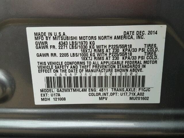 4A4AP3AU1FE019602 - 2015 MITSUBISHI OUTLANDER GRAY photo 10