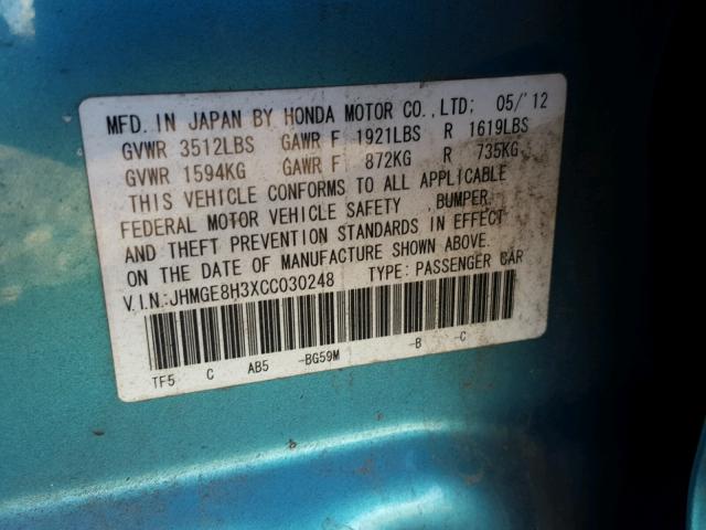 JHMGE8H3XCC030248 - 2012 HONDA FIT TEAL photo 10