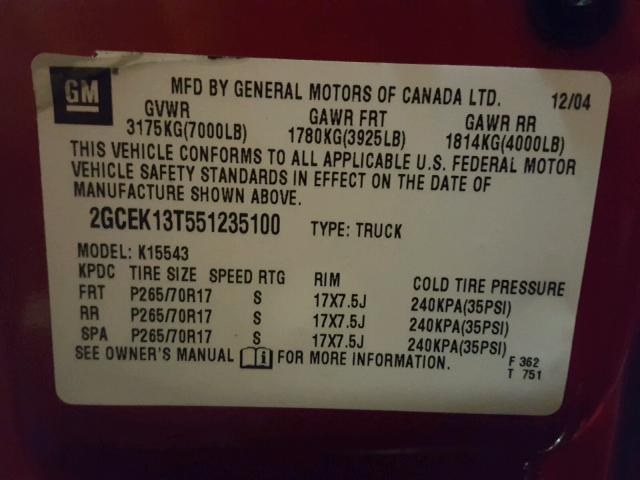 2GCEK13T551235100 - 2005 CHEVROLET SILVERADO RED photo 10