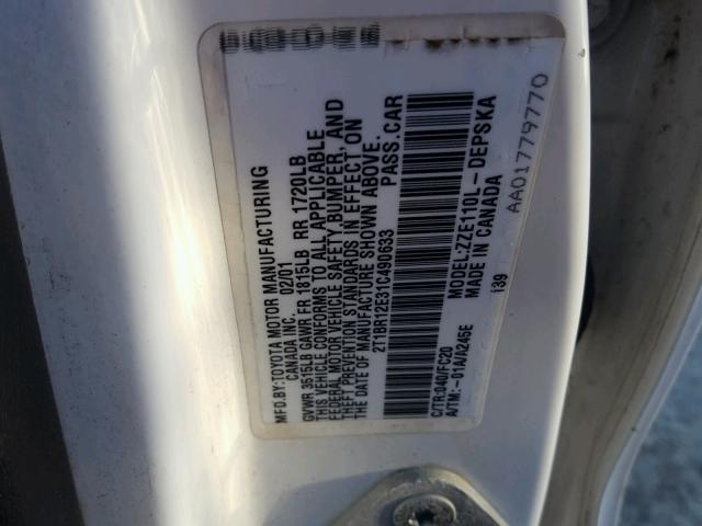 2T1BR12E31C490633 - 2001 TOYOTA COROLLA CE WHITE photo 10