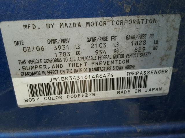 JM1BK343161486474 - 2006 MAZDA 3 HATCHBAC BLUE photo 10