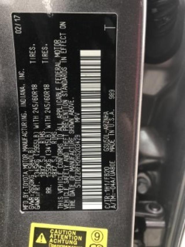 5TDZZRFH2HS203429 - 2017 TOYOTA HIGHLANDER GRAY photo 9