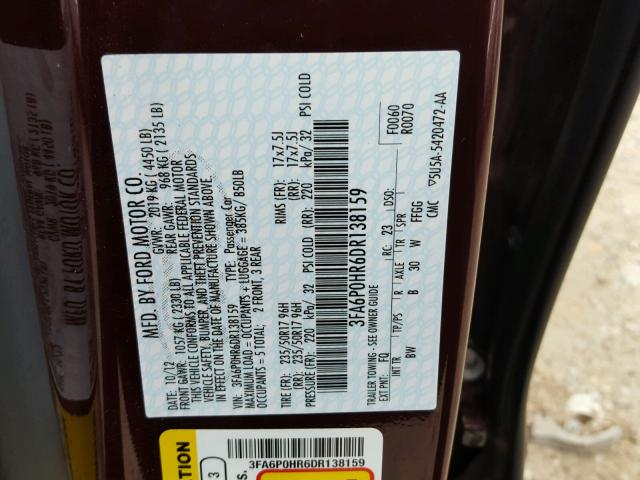 3FA6P0HR6DR138159 - 2013 FORD FUSION SE MAROON photo 10