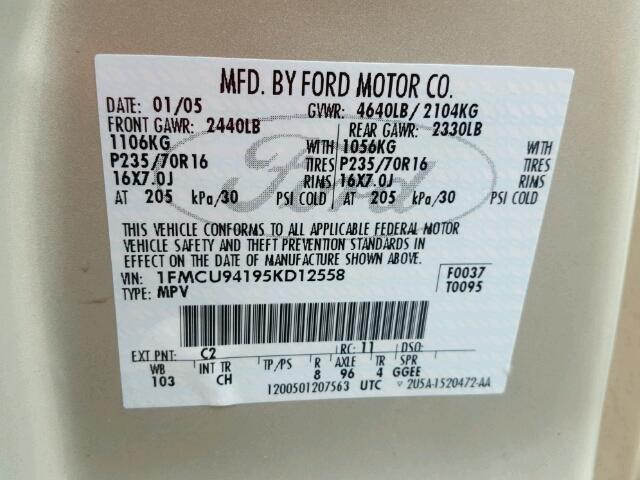 1FMCU94195KD12558 - 2005 FORD ESCAPE LIM CREAM photo 10