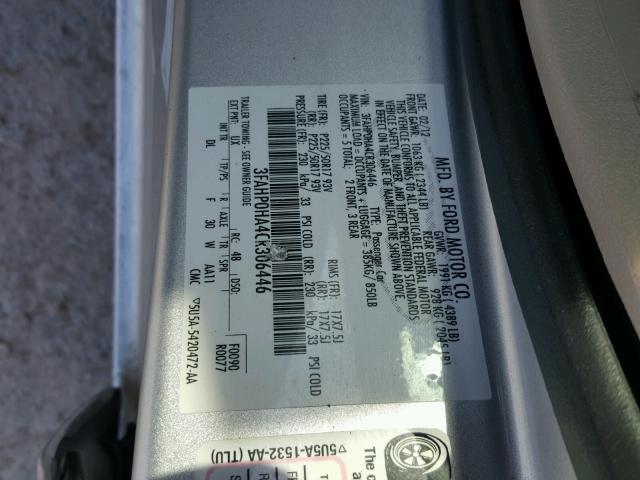 3FAHP0HA4CR306446 - 2012 FORD FUSION SE SILVER photo 10