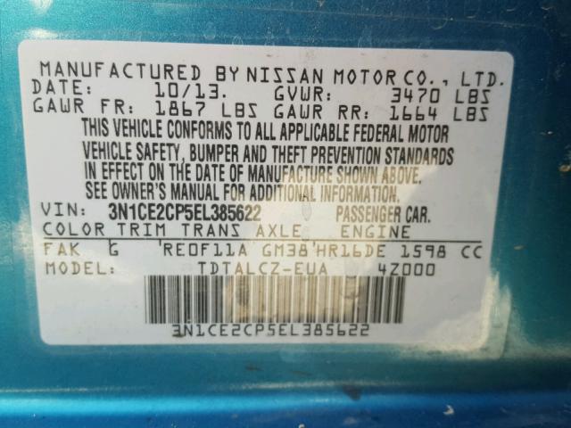 3N1CE2CP5EL385622 - 2014 NISSAN VERSA NOTE BLUE photo 10