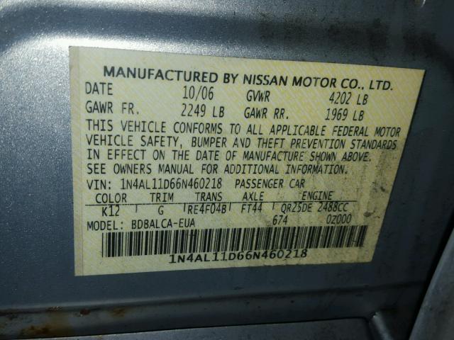 1N4AL11D66N460218 - 2006 NISSAN ALTIMA S SILVER photo 10